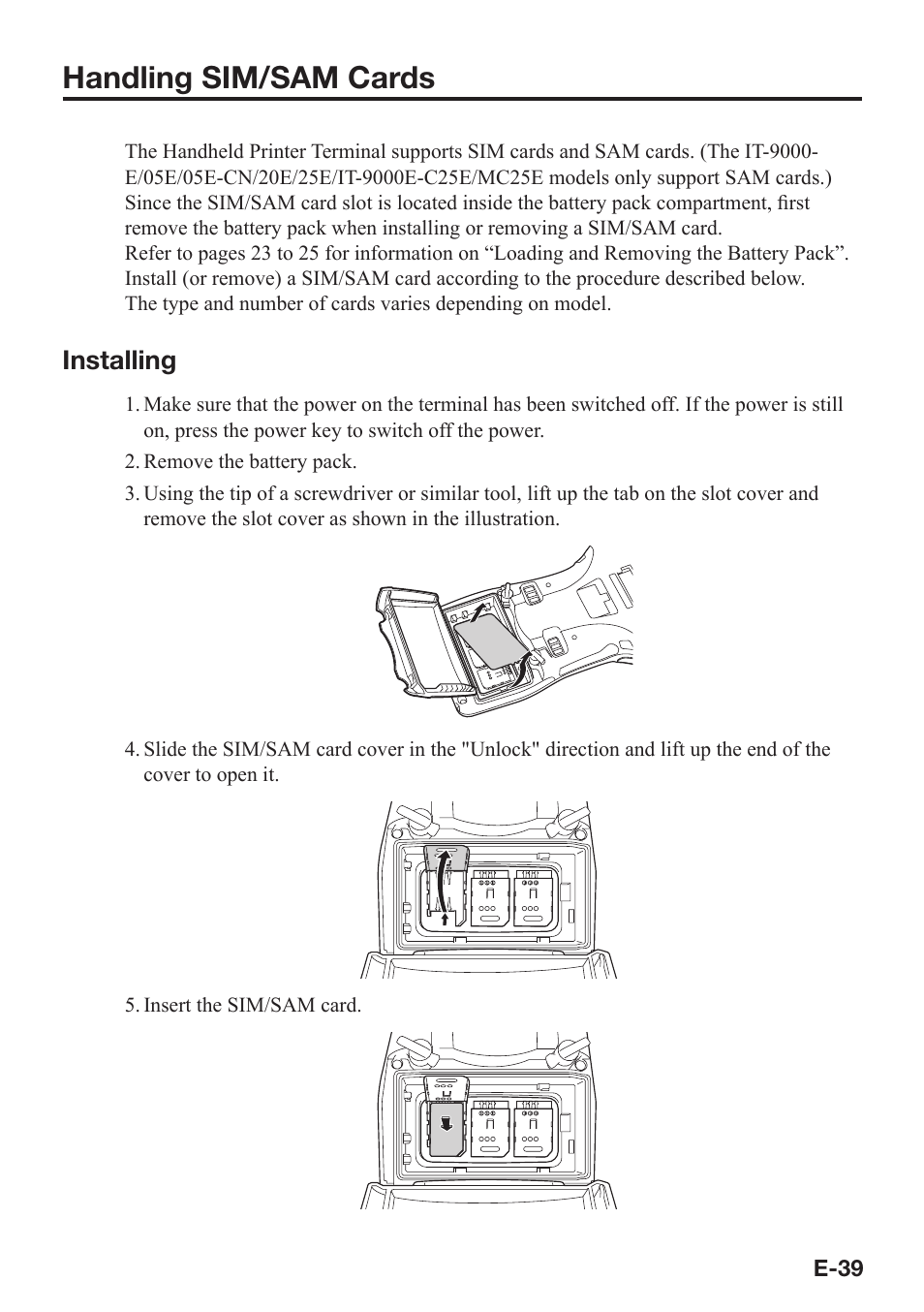 Handling sim/sam cards, Installing | Casio IT-9000 User Manual | Page 41 / 86