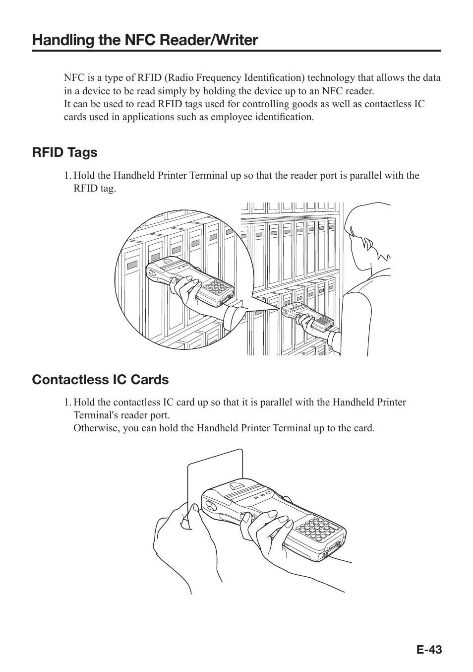 Handling the nfc reader/writer, Rfid tags, Contactless ic cards | Casio IT-9000 User Manual | Page 45 / 86