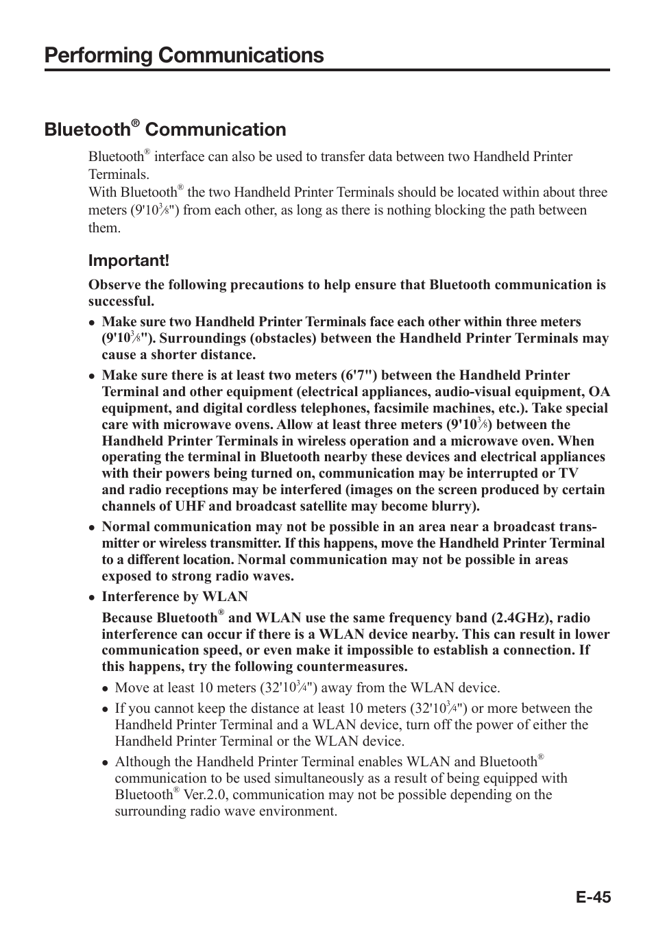 Performing communications, Bluetooth, Communication | E-45, Important | Casio IT-9000 User Manual | Page 47 / 86