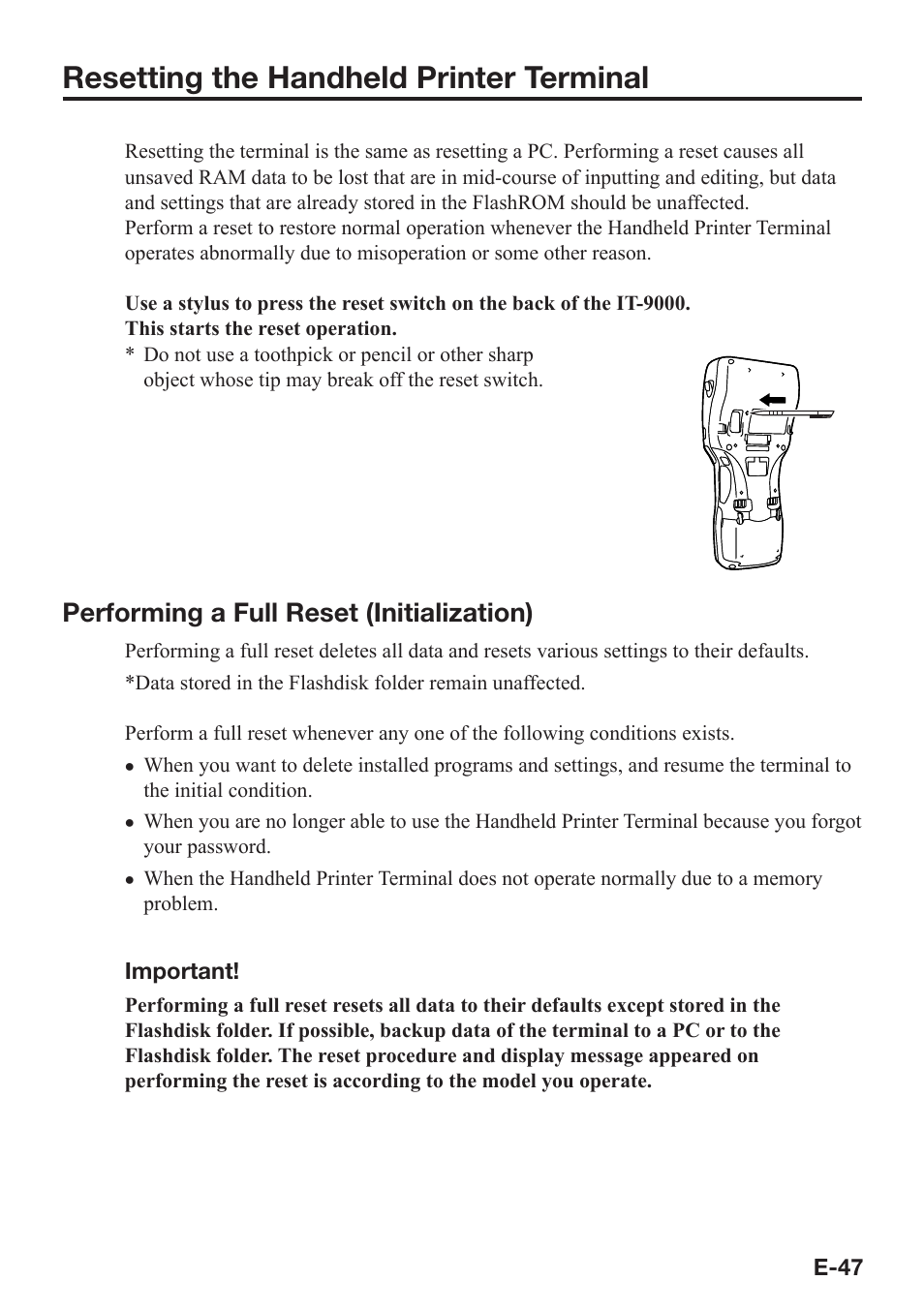 Resetting the handheld printer terminal, Performing a full reset (initialization) | Casio IT-9000 User Manual | Page 49 / 86