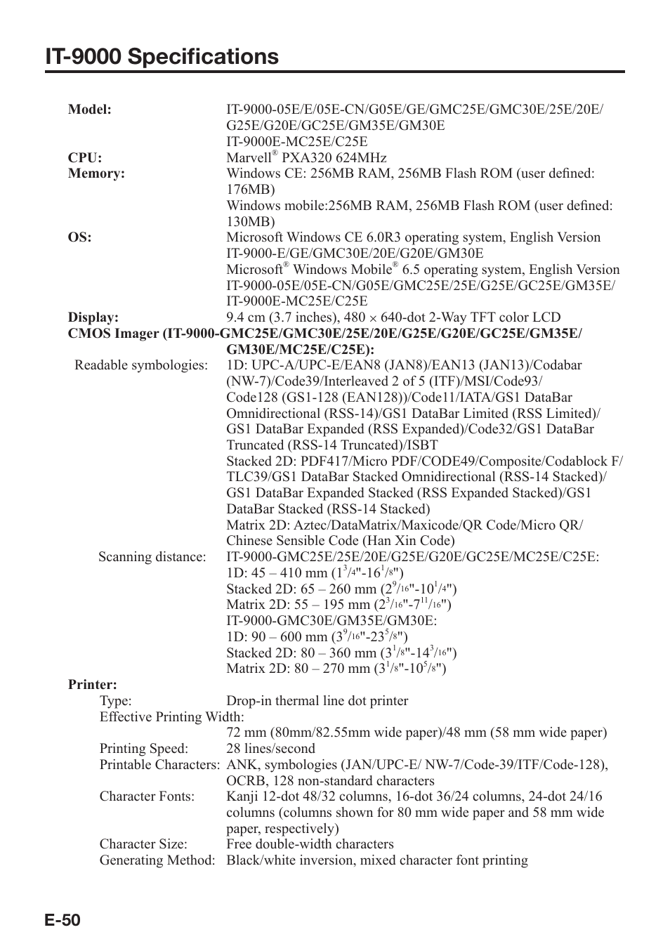 It-9000 specifi cations, E-50 | Casio IT-9000 User Manual | Page 52 / 86