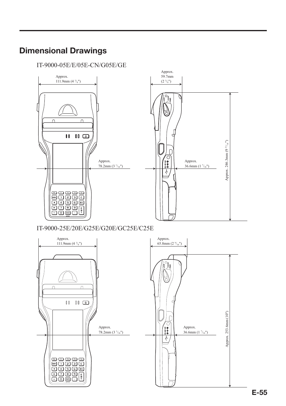 Dimensional drawings, E-55 | Casio IT-9000 User Manual | Page 57 / 86