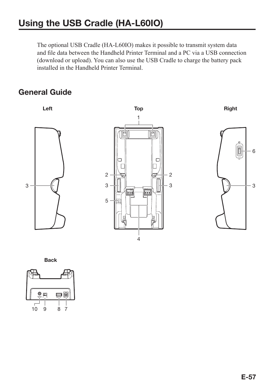 Using the usb cradle (ha-l60io), General guide, E-57 | Casio IT-9000 User Manual | Page 59 / 86