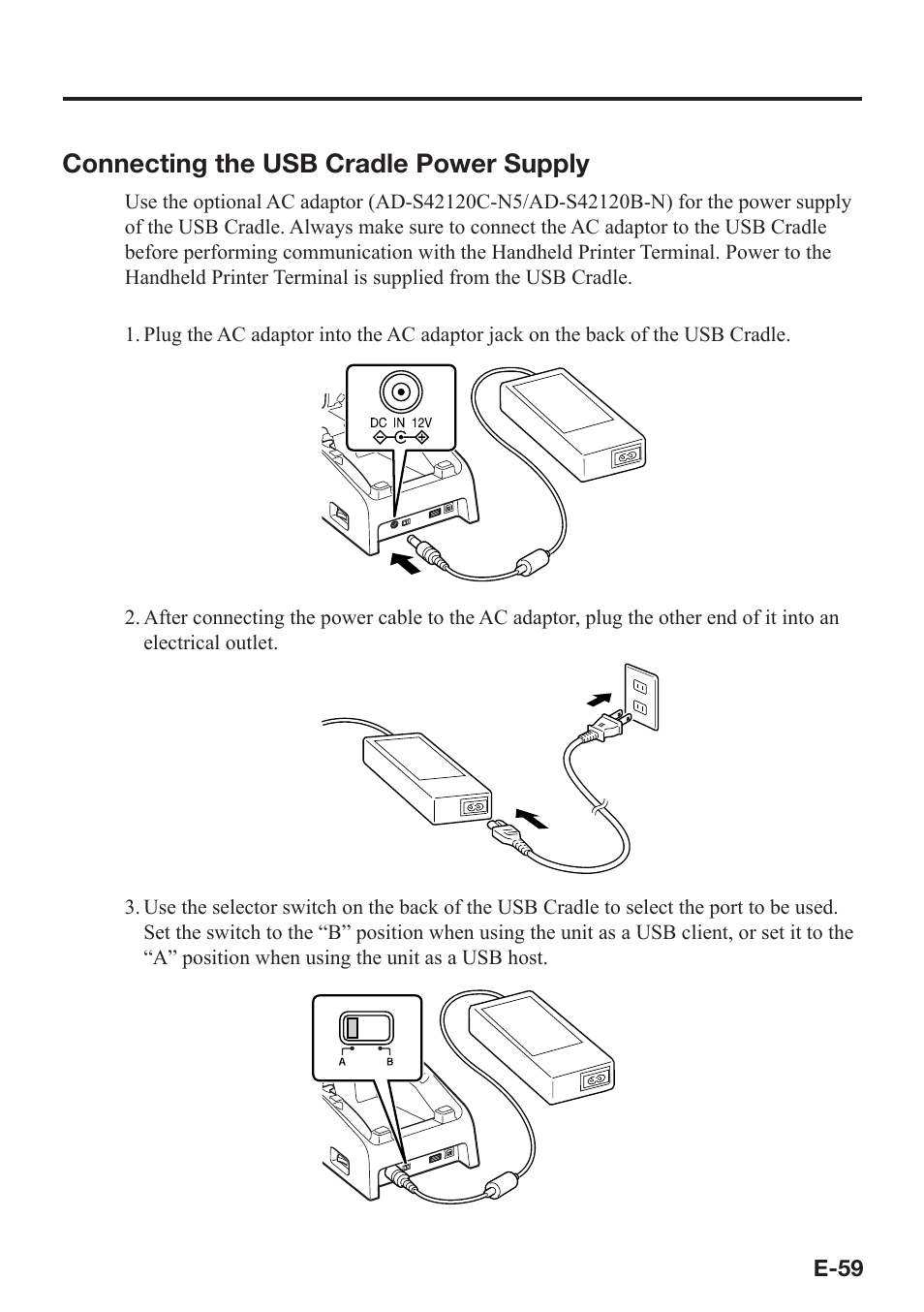 Connecting the usb cradle power supply | Casio IT-9000 User Manual | Page 61 / 86