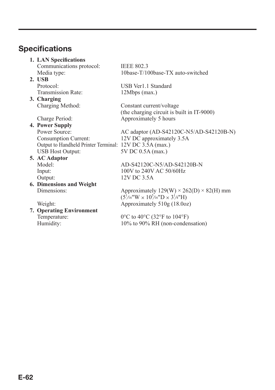 Specifi cations, E-62 | Casio IT-9000 User Manual | Page 64 / 86