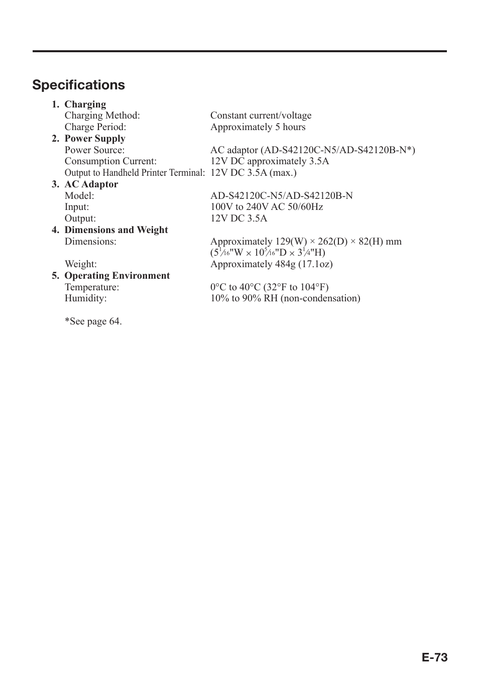 Specifi cations, E-73 | Casio IT-9000 User Manual | Page 75 / 86