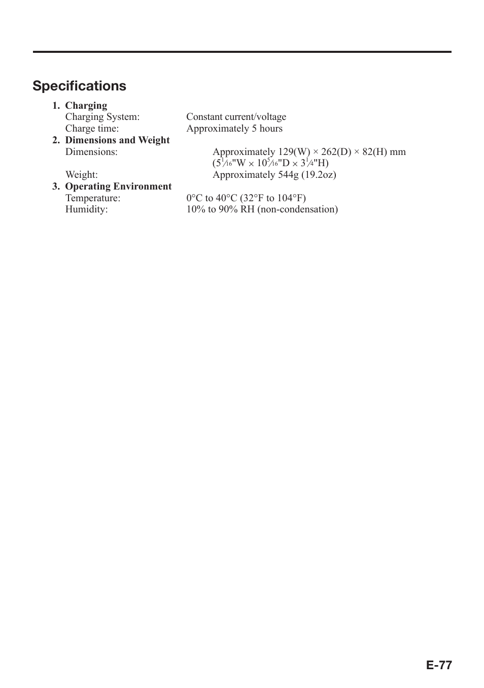 Specifi cations, E-77 | Casio IT-9000 User Manual | Page 79 / 86