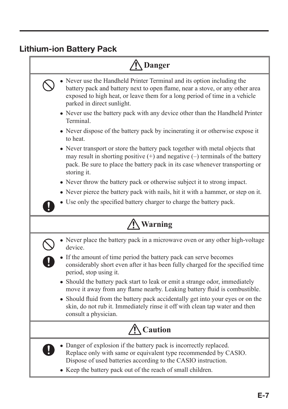 Lithium-ion battery pack danger, Warning, Caution | Casio IT-9000 User Manual | Page 9 / 86