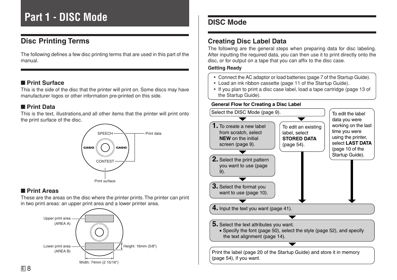 Part 1 - disc mode, Disc printing terms, Disc mode | Creating disc label data | Casio CW-L300 User Manual | Page 10 / 78