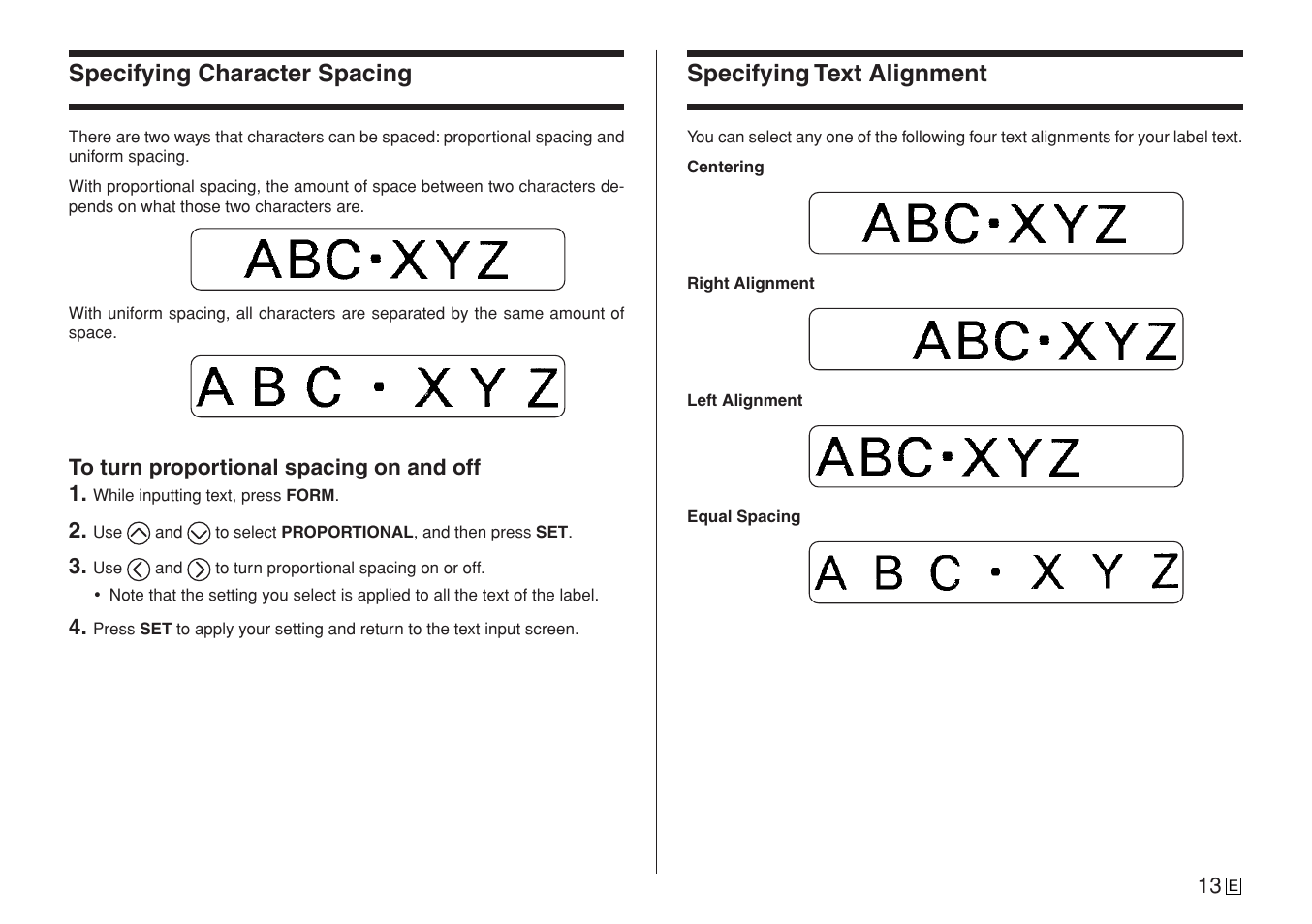 Specifying character spacing, Specifying text alignment | Casio CW-L300 User Manual | Page 15 / 78