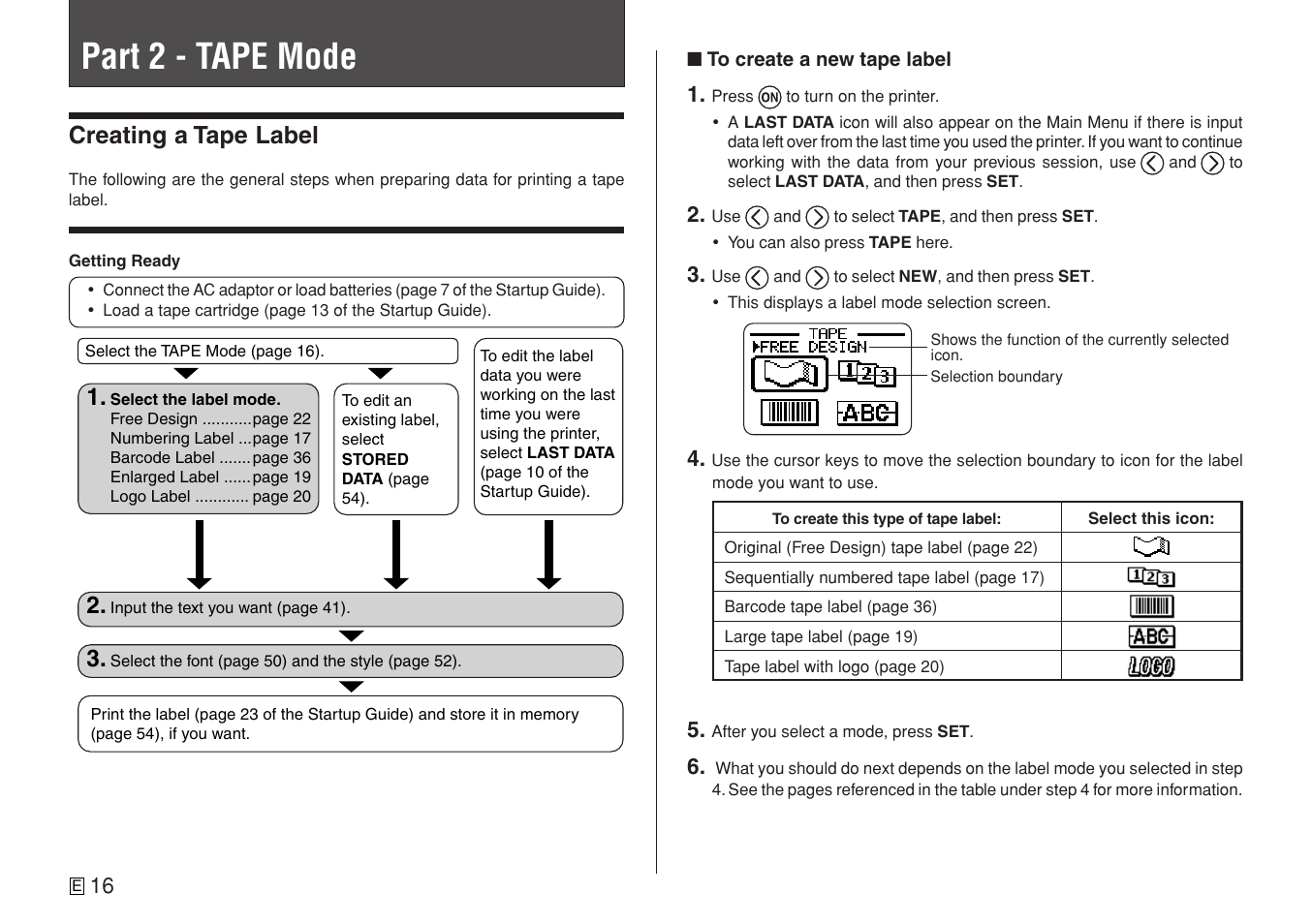 Part 2 - tape mode, Creating a tape label | Casio CW-L300 User Manual | Page 18 / 78