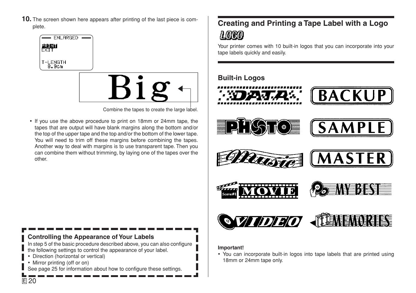 Creating and printing a tape label with a logo | Casio CW-L300 User Manual | Page 22 / 78