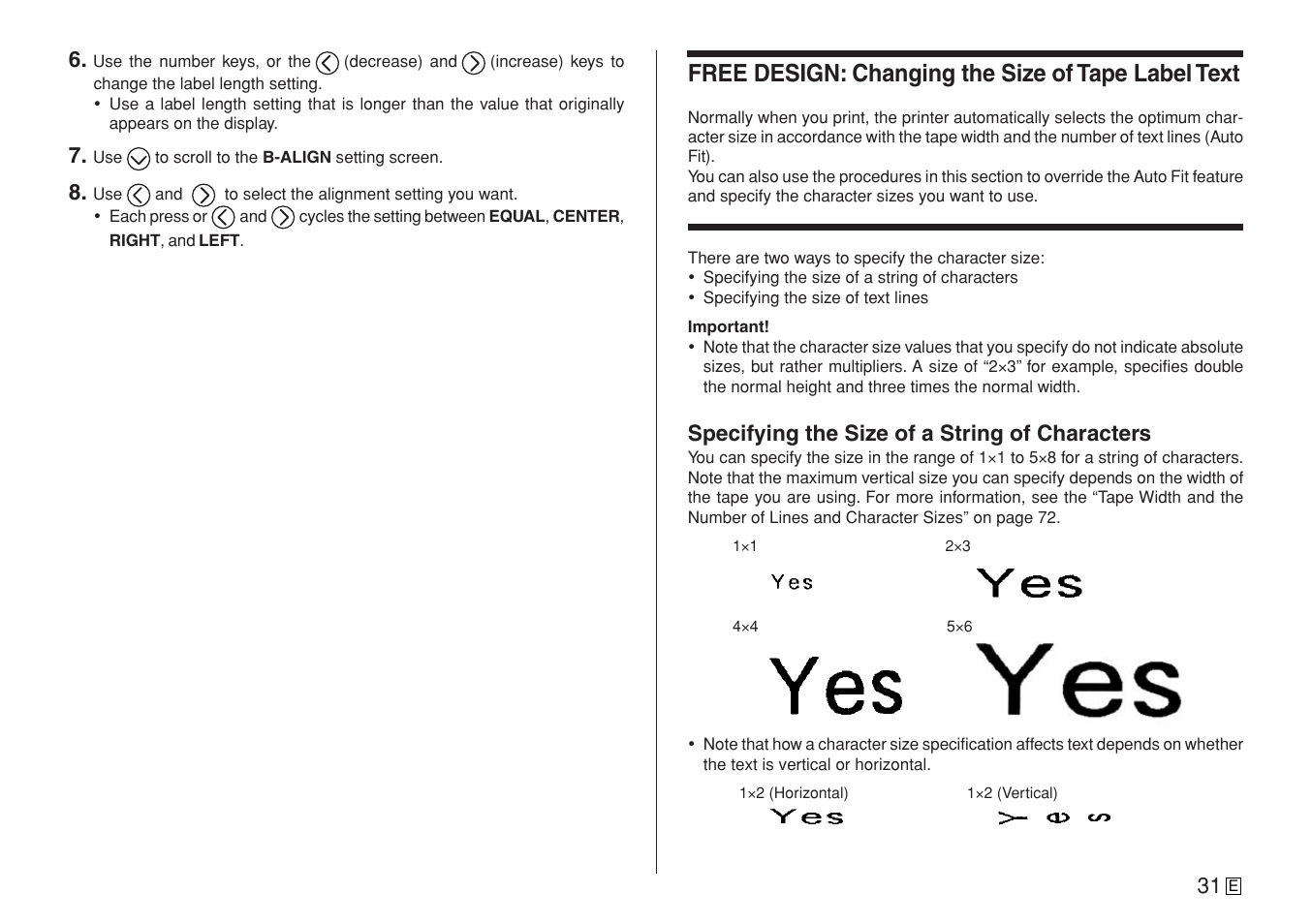 Free design: changing the size of tape label text, Specifying the size of a string of characters | Casio CW-L300 User Manual | Page 33 / 78
