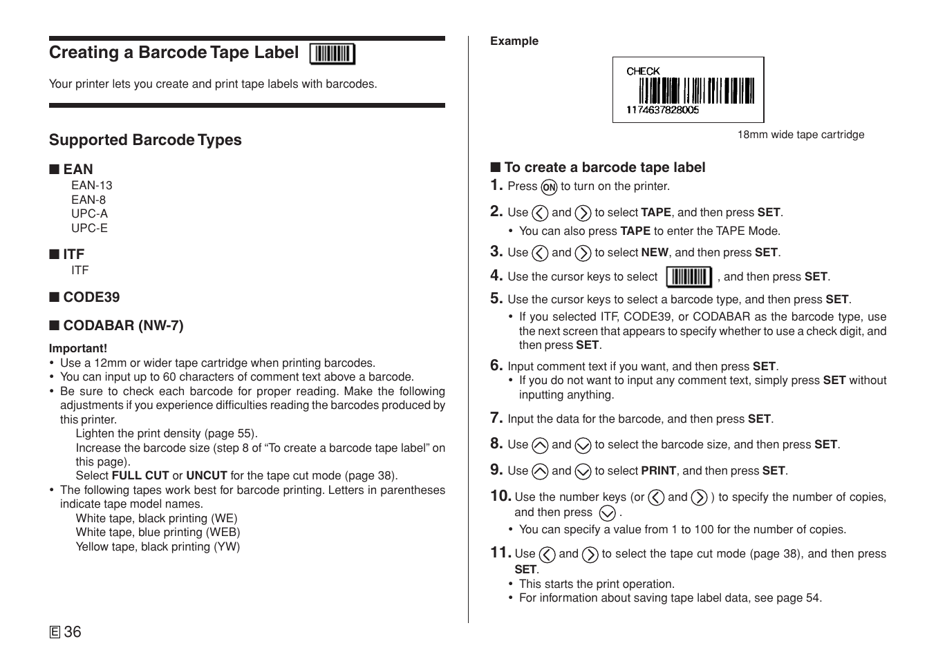 Creating a barcode tape label | Casio CW-L300 User Manual | Page 38 / 78