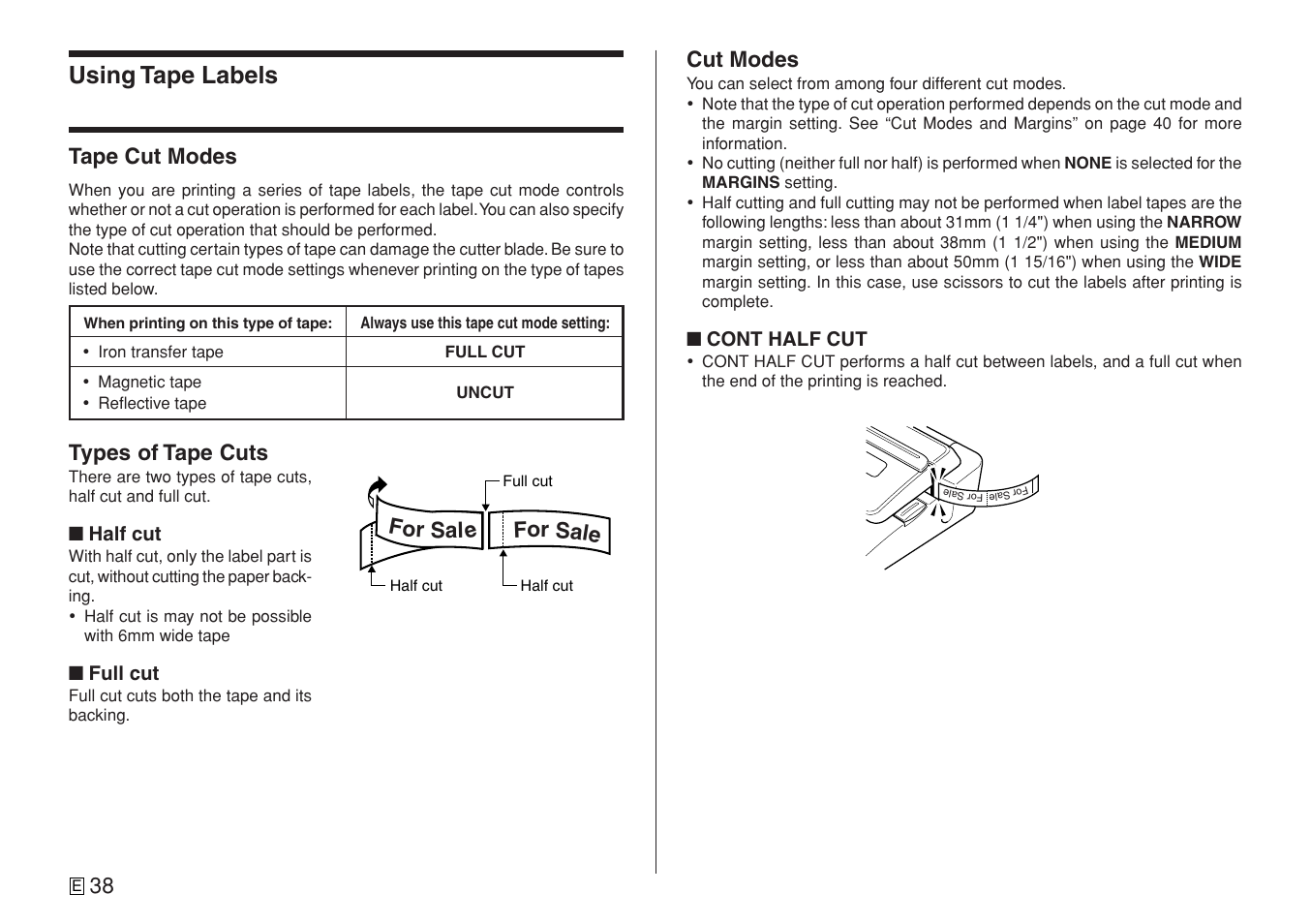 Using tape labels, Tape cut modes, Types of tape cuts | For sal e for sale cut modes | Casio CW-L300 User Manual | Page 40 / 78