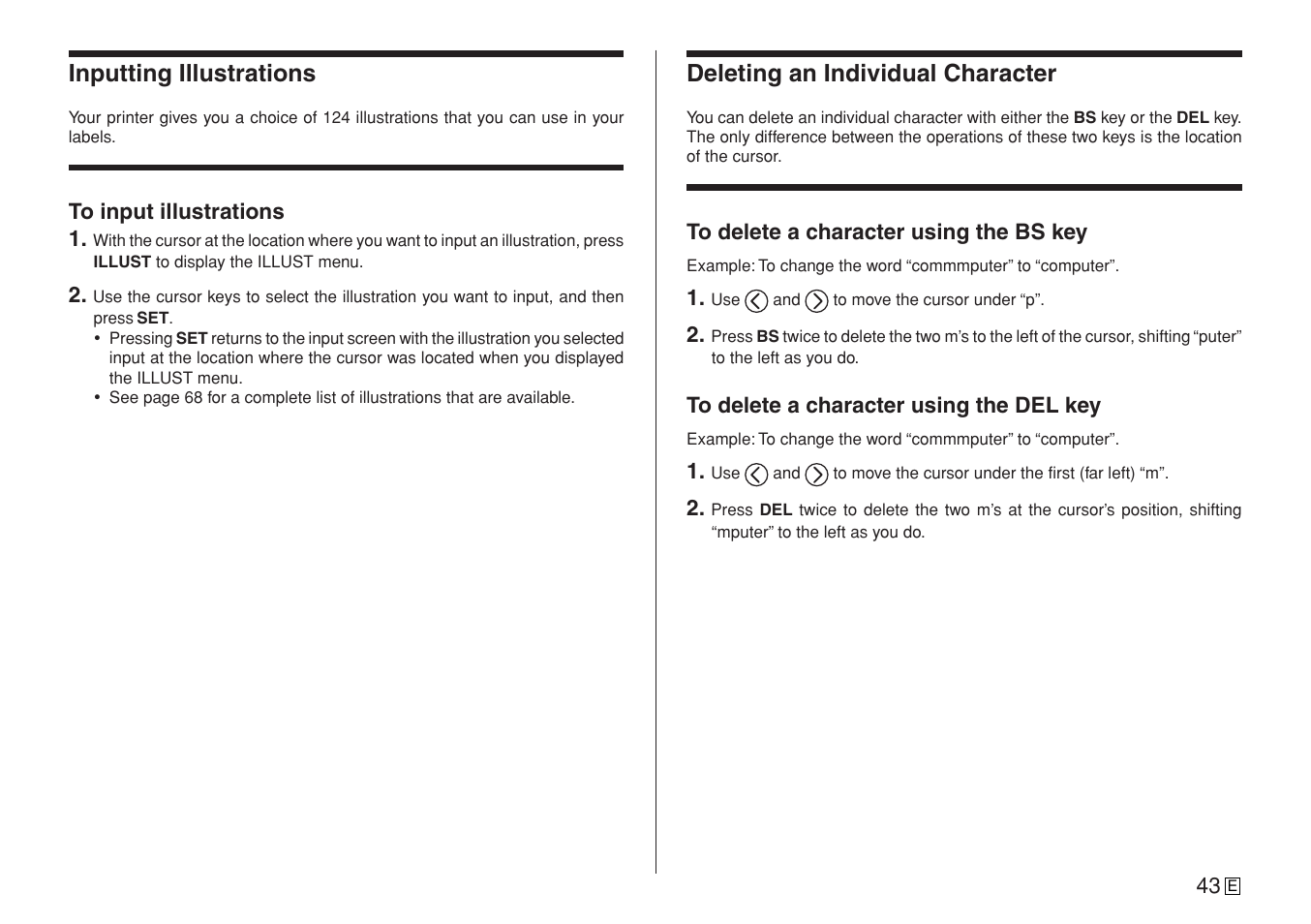 Inputting illustrations, Deleting an individual character | Casio CW-L300 User Manual | Page 45 / 78