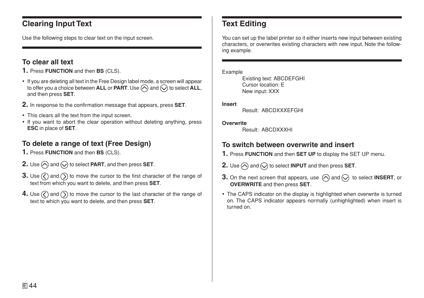 Clearing input text, Text editing | Casio CW-L300 User Manual | Page 46 / 78