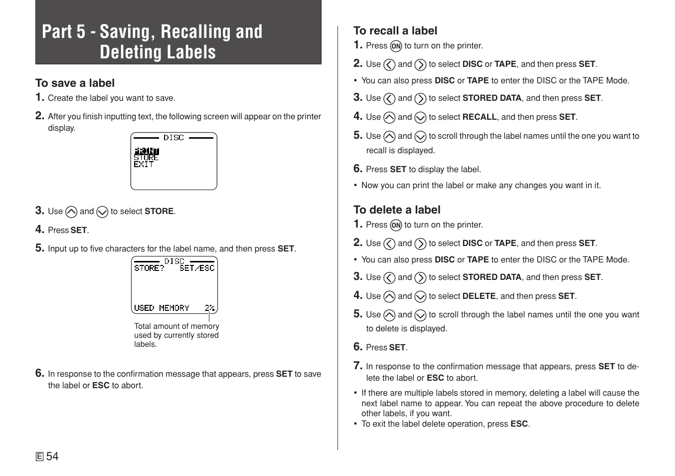 Part 5 - saving, recalling and deleting labels | Casio CW-L300 User Manual | Page 56 / 78