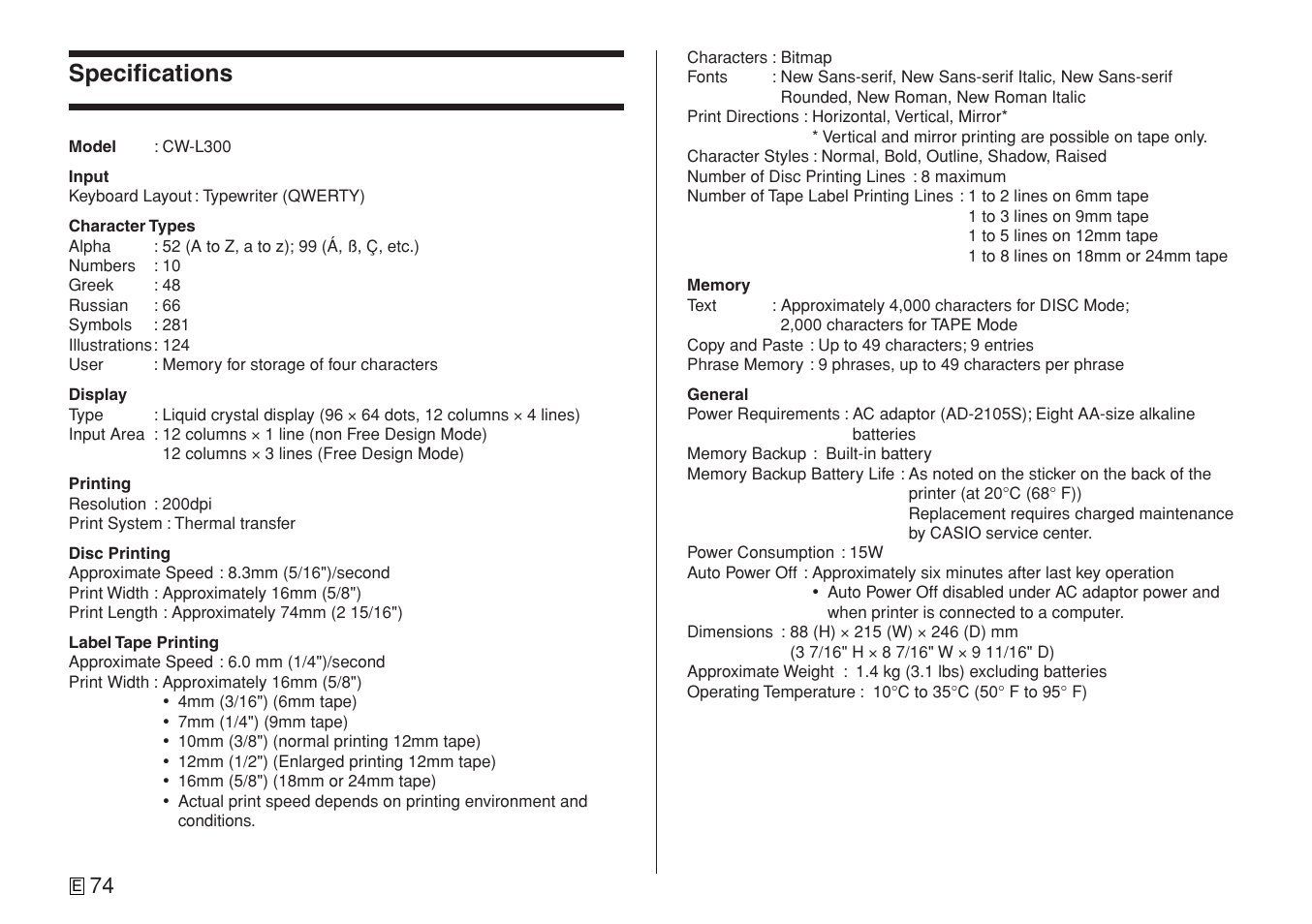 Specifications | Casio CW-L300 User Manual | Page 76 / 78