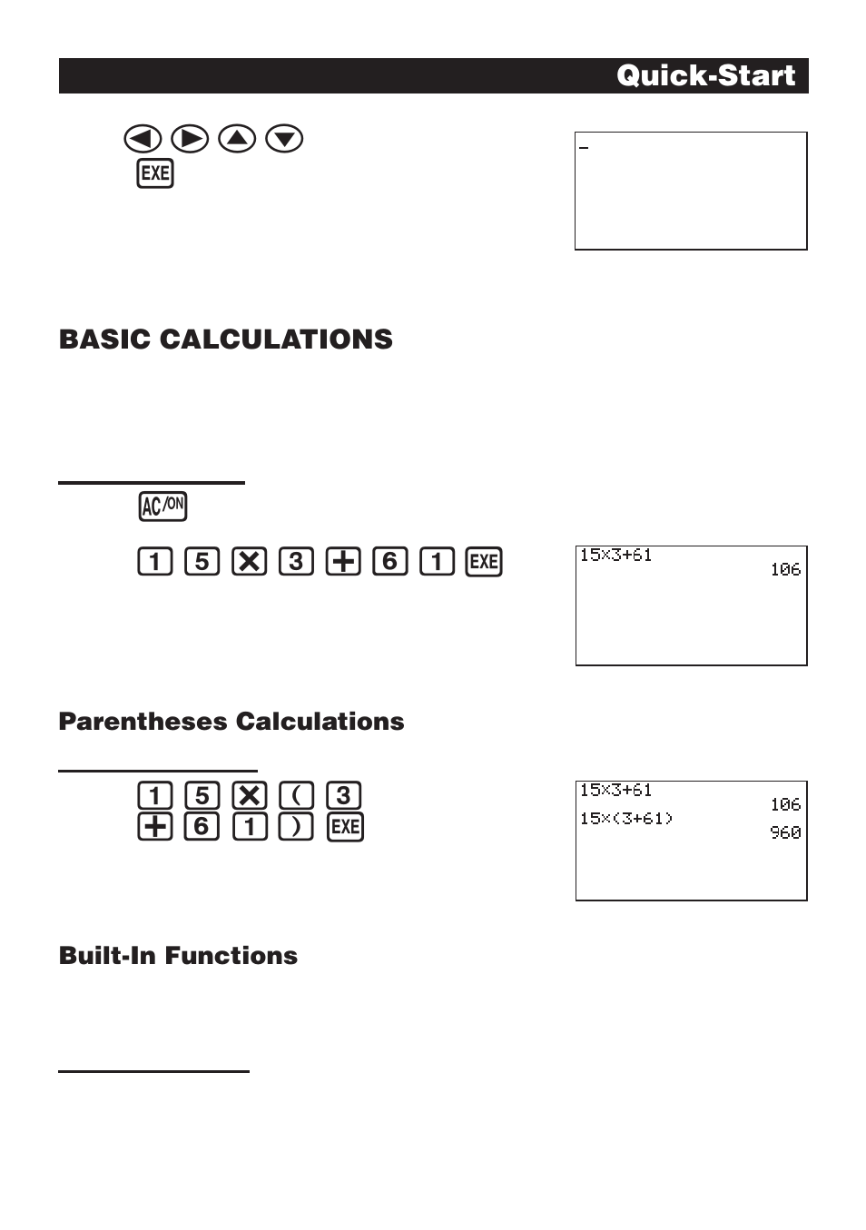 Defc, Bf*d+gbw, Bf*(d +gb)w | Quick-start, Basic calculations, Parentheses calculations, Built-in functions | Casio CFX-9970G User Manual | Page 10 / 39