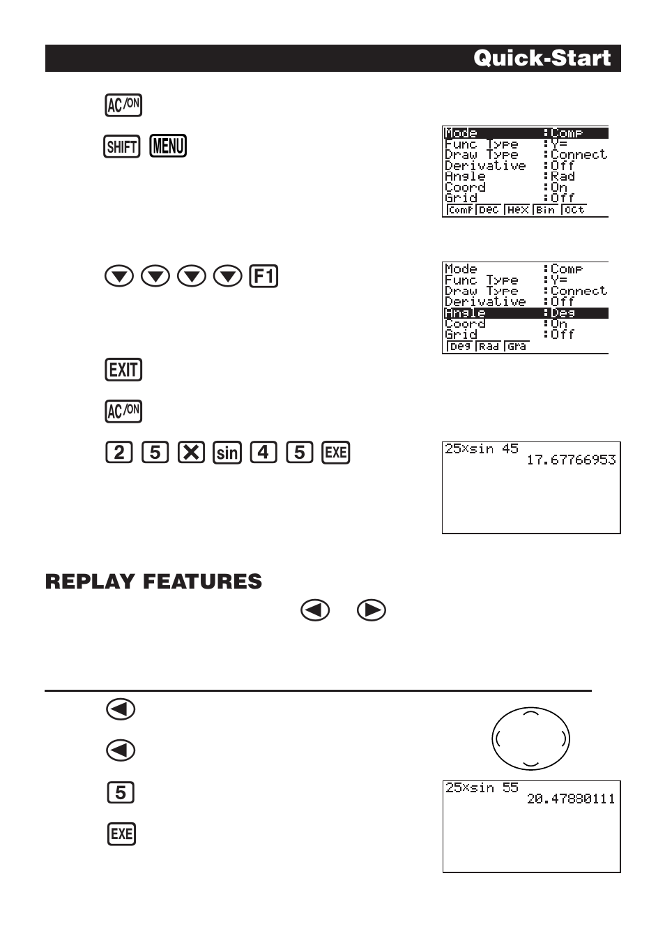 Cf*sefw, Quick-start, Replay features | Casio CFX-9970G User Manual | Page 11 / 39