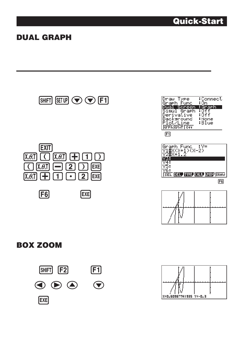 Z cc1, V(v+b) (v-c)w v+b.cw, Quick-start | Dual graph, Box zoom | Casio CFX-9970G User Manual | Page 16 / 39