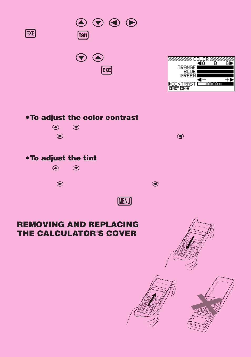 Removing and replacing the calculator's cover, U to adjust the color contrast, U to adjust the tint | Casio CFX-9970G User Manual | Page 3 / 39