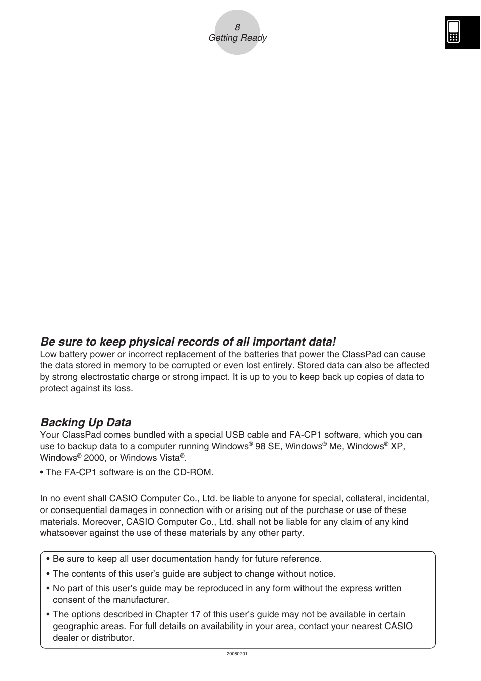 Backing up data | Casio CLASSPAD 330 3.04 User Manual | Page 10 / 954