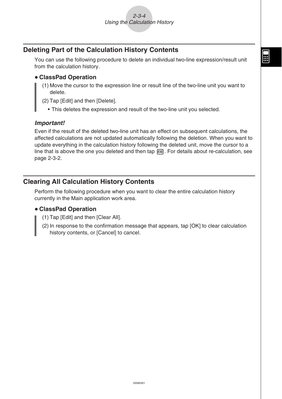 Deleting part of the calculation history contents, Clearing all calculation history contents | Casio CLASSPAD 330 3.04 User Manual | Page 127 / 954