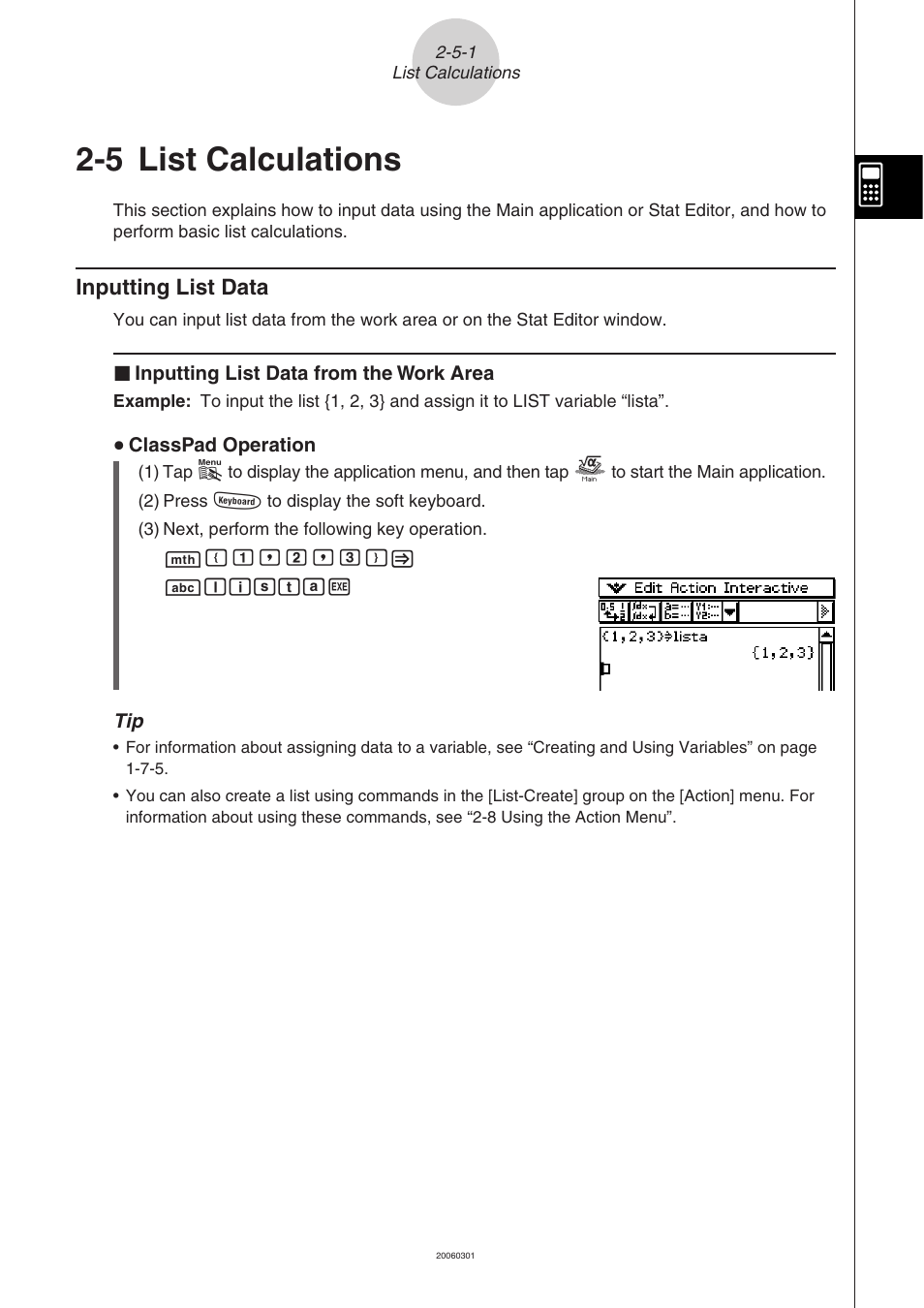 5 list calculations, List calculations -5-1, Inputting list data -5-1 | Inputting list data | Casio CLASSPAD 330 3.04 User Manual | Page 146 / 954