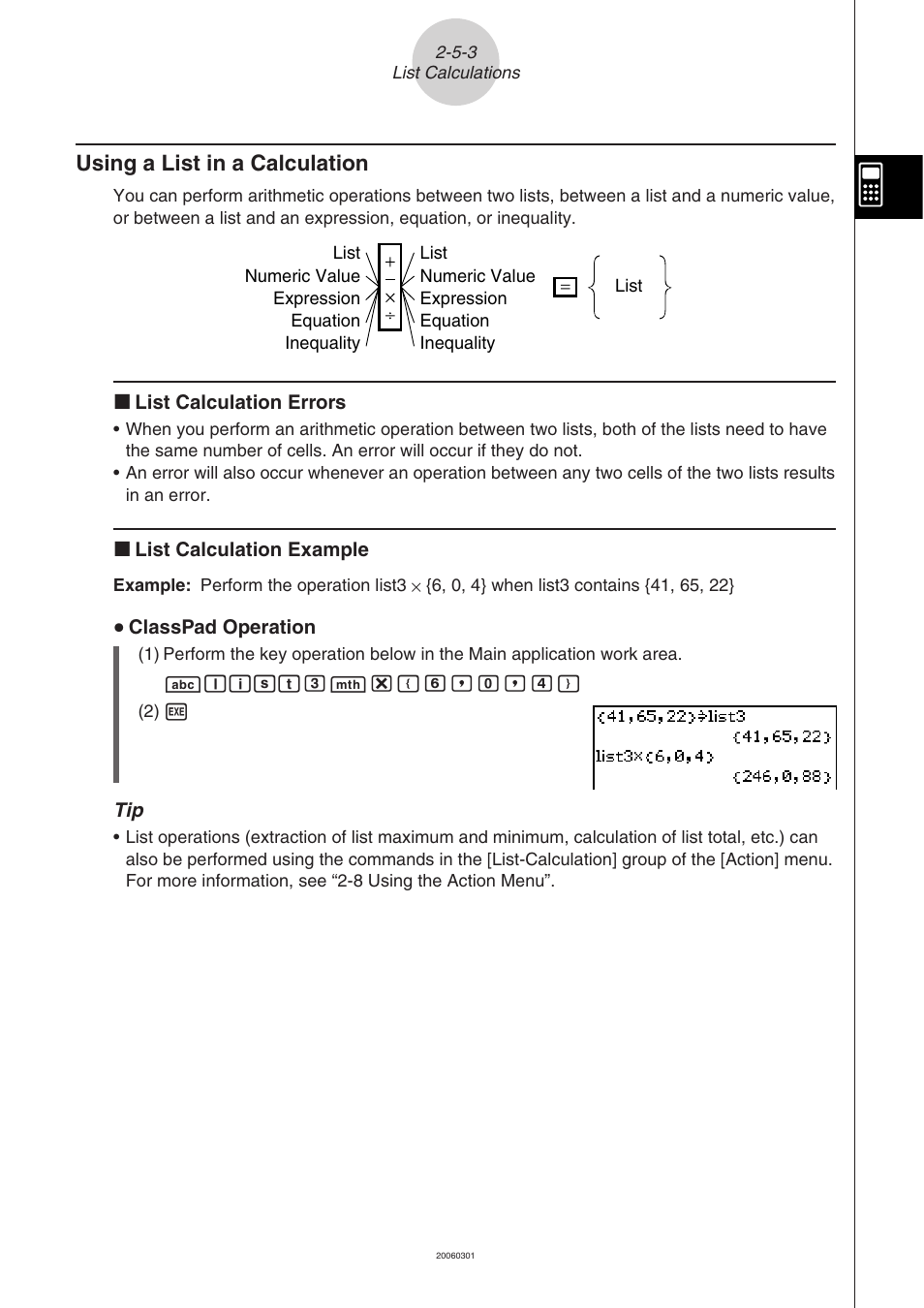 Using a list in a calculation -5-3, Using a list in a calculation | Casio CLASSPAD 330 3.04 User Manual | Page 148 / 954