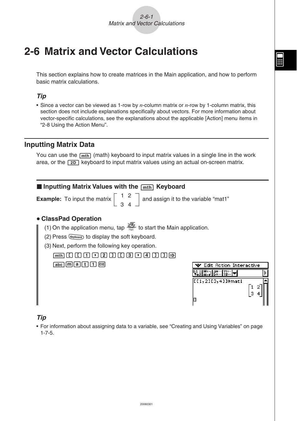 6 matrix and vector calculations, 6 matrix and vector calculations -6-1, Inputting matrix data -6-1 | Inputting matrix data | Casio CLASSPAD 330 3.04 User Manual | Page 150 / 954