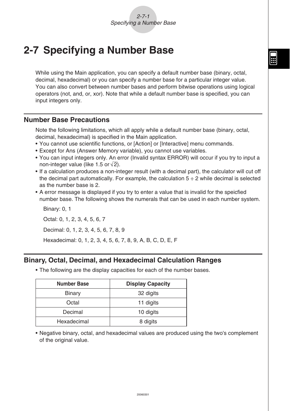 7 specifying a number base, 7 specifying a number base -7-1, Number base precautions | Casio CLASSPAD 330 3.04 User Manual | Page 156 / 954