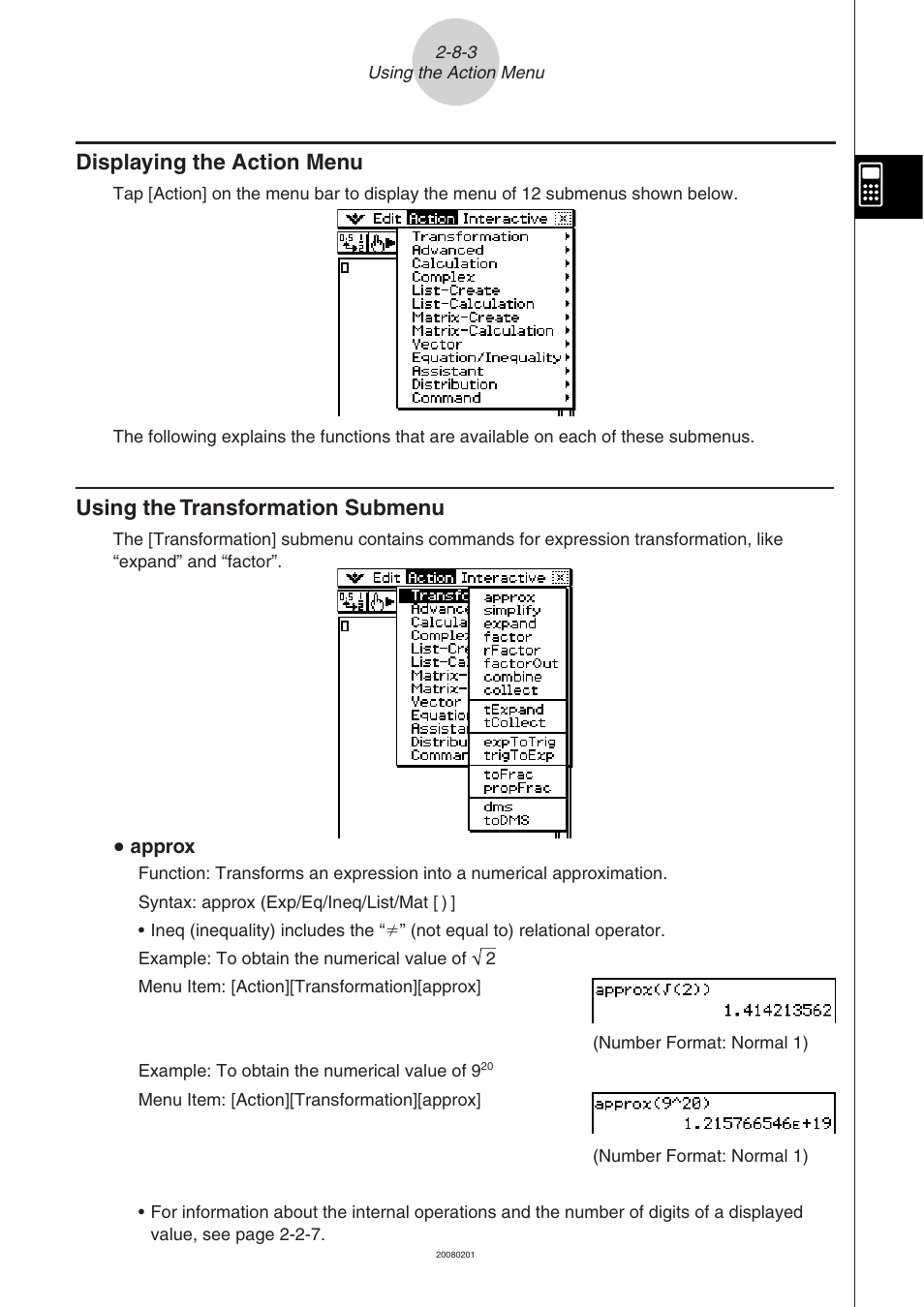 Displaying the action menu, Using the transformation submenu | Casio CLASSPAD 330 3.04 User Manual | Page 163 / 954