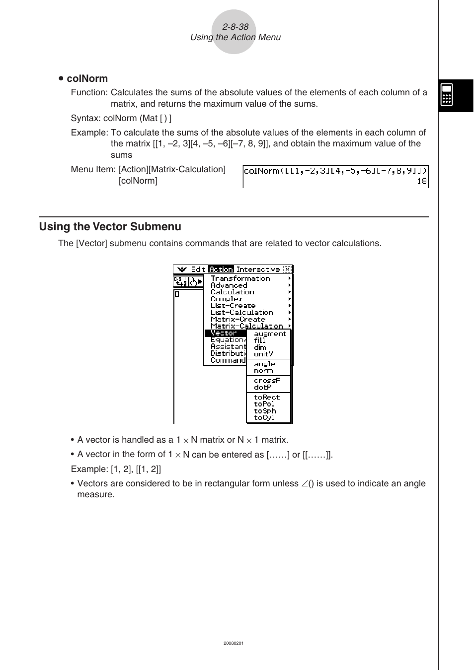 Using the vector submenu -8-38, Using the vector submenu | Casio CLASSPAD 330 3.04 User Manual | Page 198 / 954