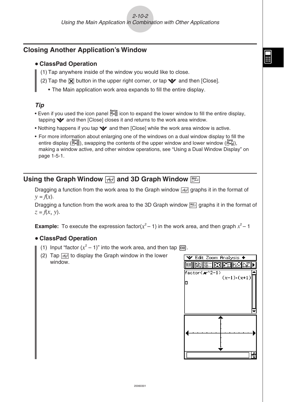 And 3d graph window  -10-2, Closing another application’s window, Using the graph window  and 3d graph window | X , y | Casio CLASSPAD 330 3.04 User Manual | Page 223 / 954