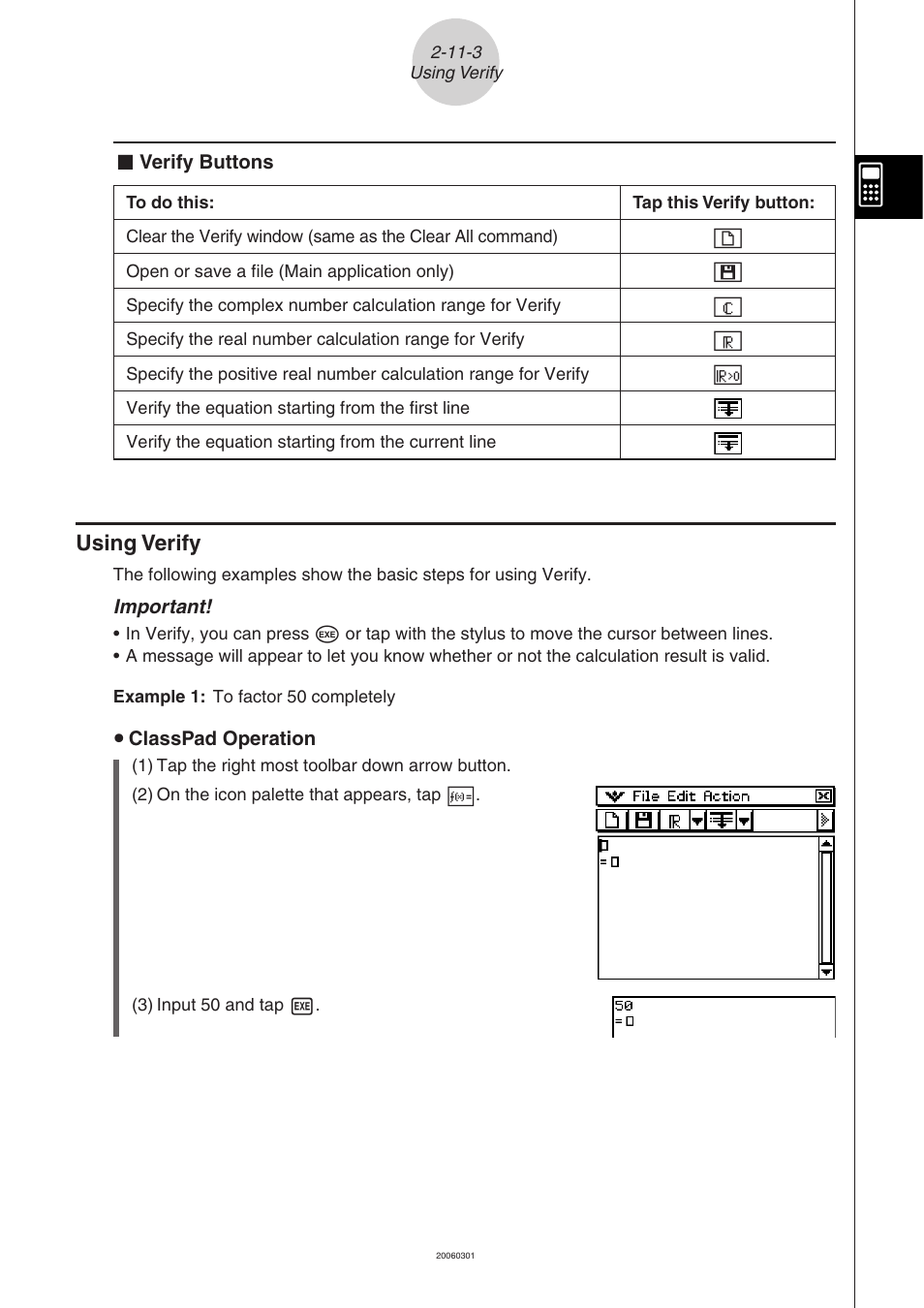 Using verify -11-3, Using verify | Casio CLASSPAD 330 3.04 User Manual | Page 235 / 954