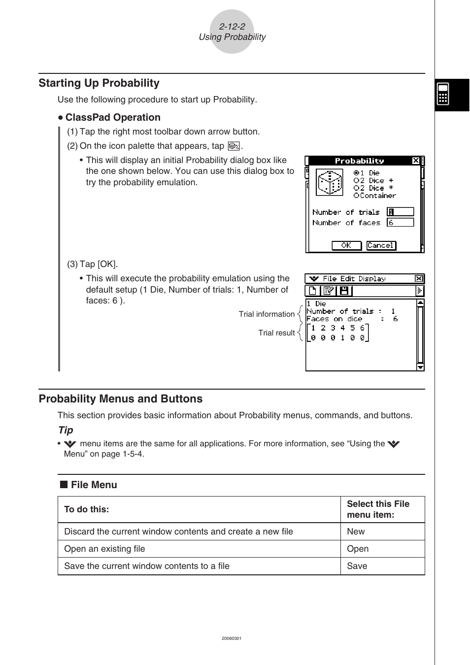 Starting up probability, Probability menus and buttons | Casio CLASSPAD 330 3.04 User Manual | Page 238 / 954