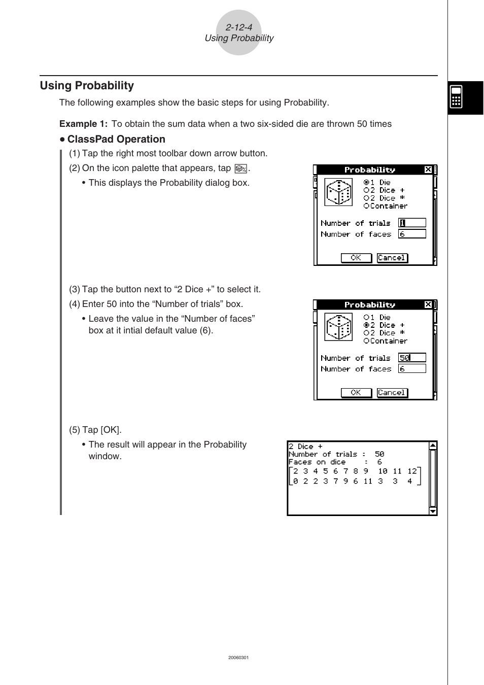 Using probability -12-4, Using probability | Casio CLASSPAD 330 3.04 User Manual | Page 240 / 954