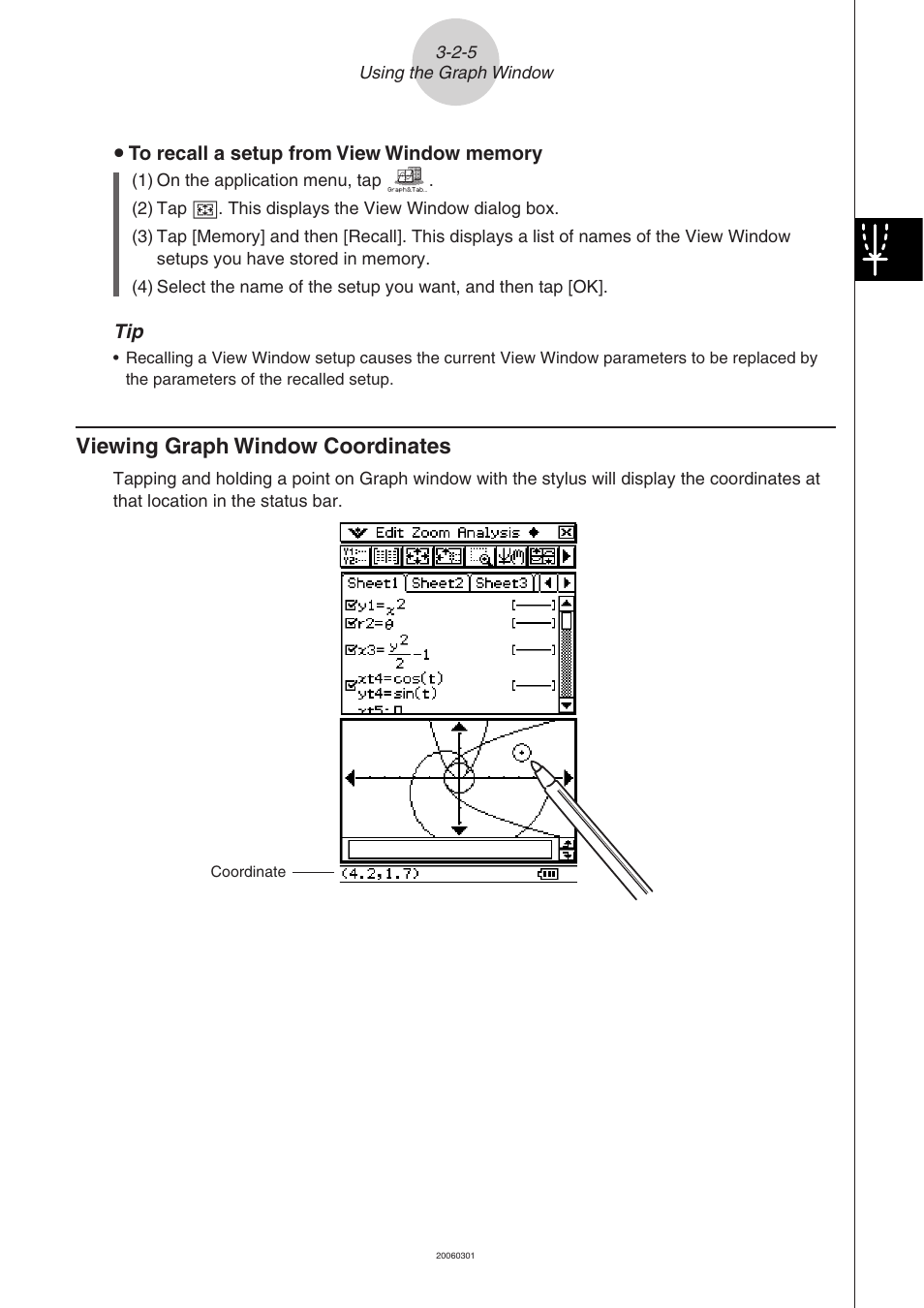 Viewing graph window coordinates -2-5, Viewing graph window coordinates | Casio CLASSPAD 330 3.04 User Manual | Page 261 / 954