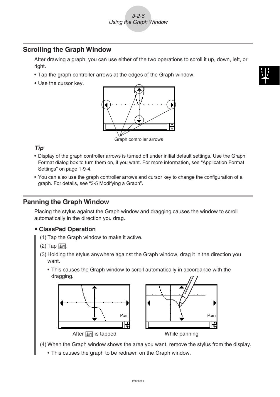 Panning the graph window, Scrolling the graph window | Casio CLASSPAD 330 3.04 User Manual | Page 262 / 954