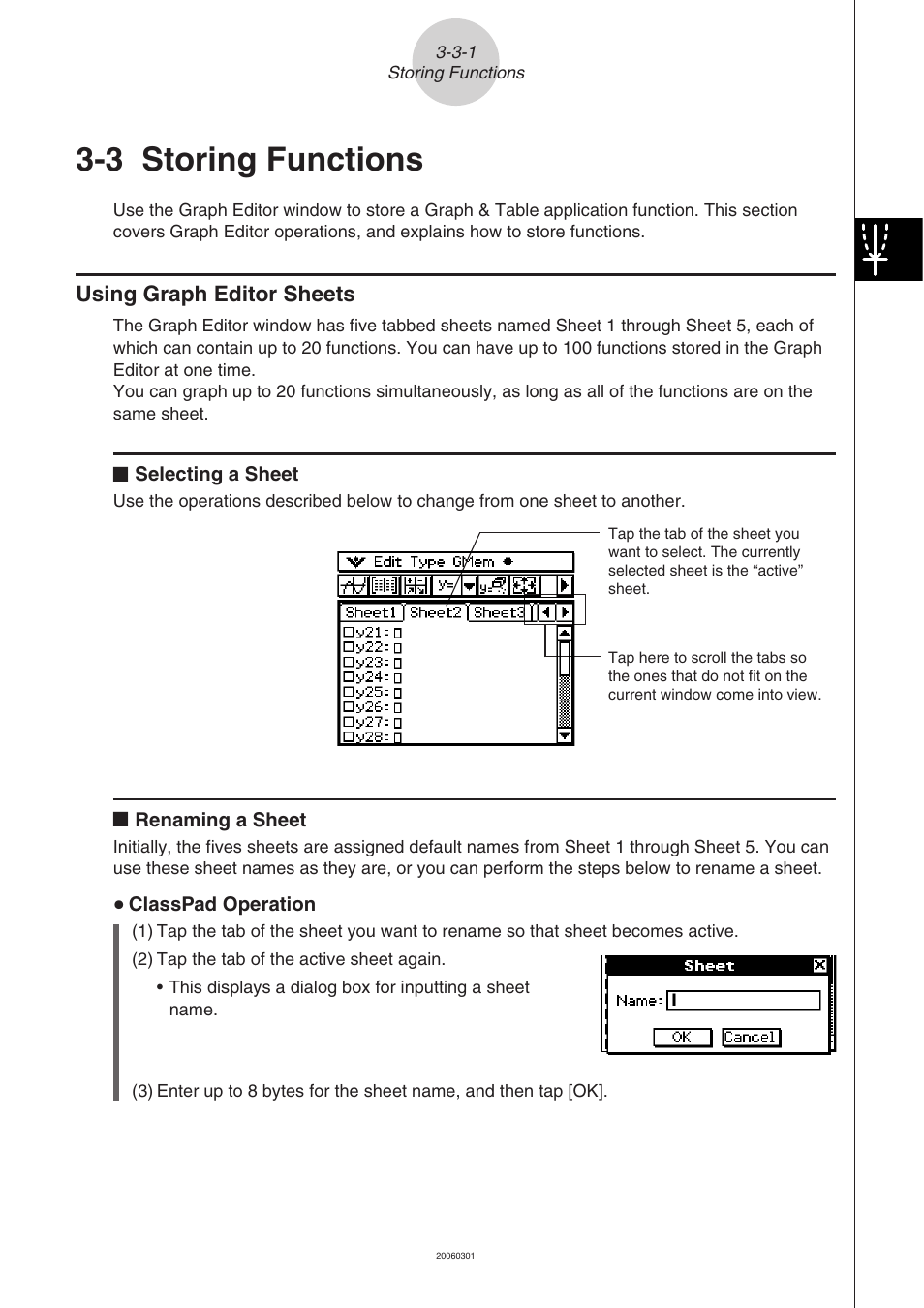 3 storing functions, Storing, Functions -3-1 | Using graph editor sheets -3-1, 3 storing, Functions, Using graph editor sheets | Casio CLASSPAD 330 3.04 User Manual | Page 268 / 954