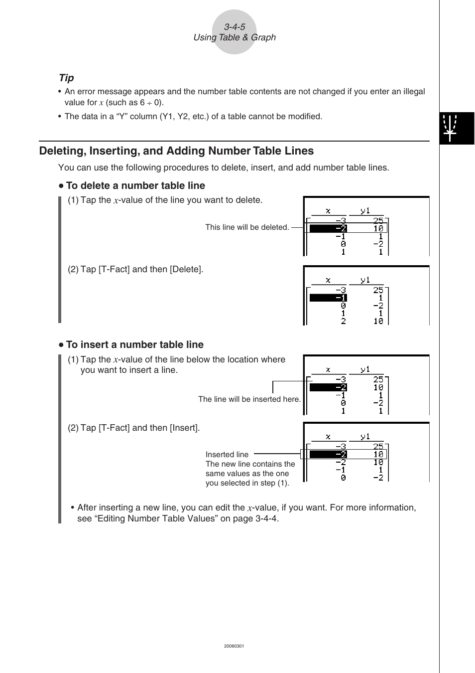 Deleting, inserting, and adding number table lines | Casio CLASSPAD 330 3.04 User Manual | Page 286 / 954