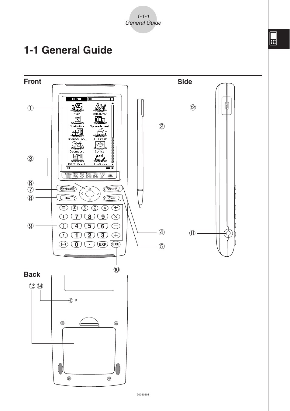 1 general guide, General, Guide | 1 general, Front, Side back | Casio CLASSPAD 330 3.04 User Manual | Page 30 / 954