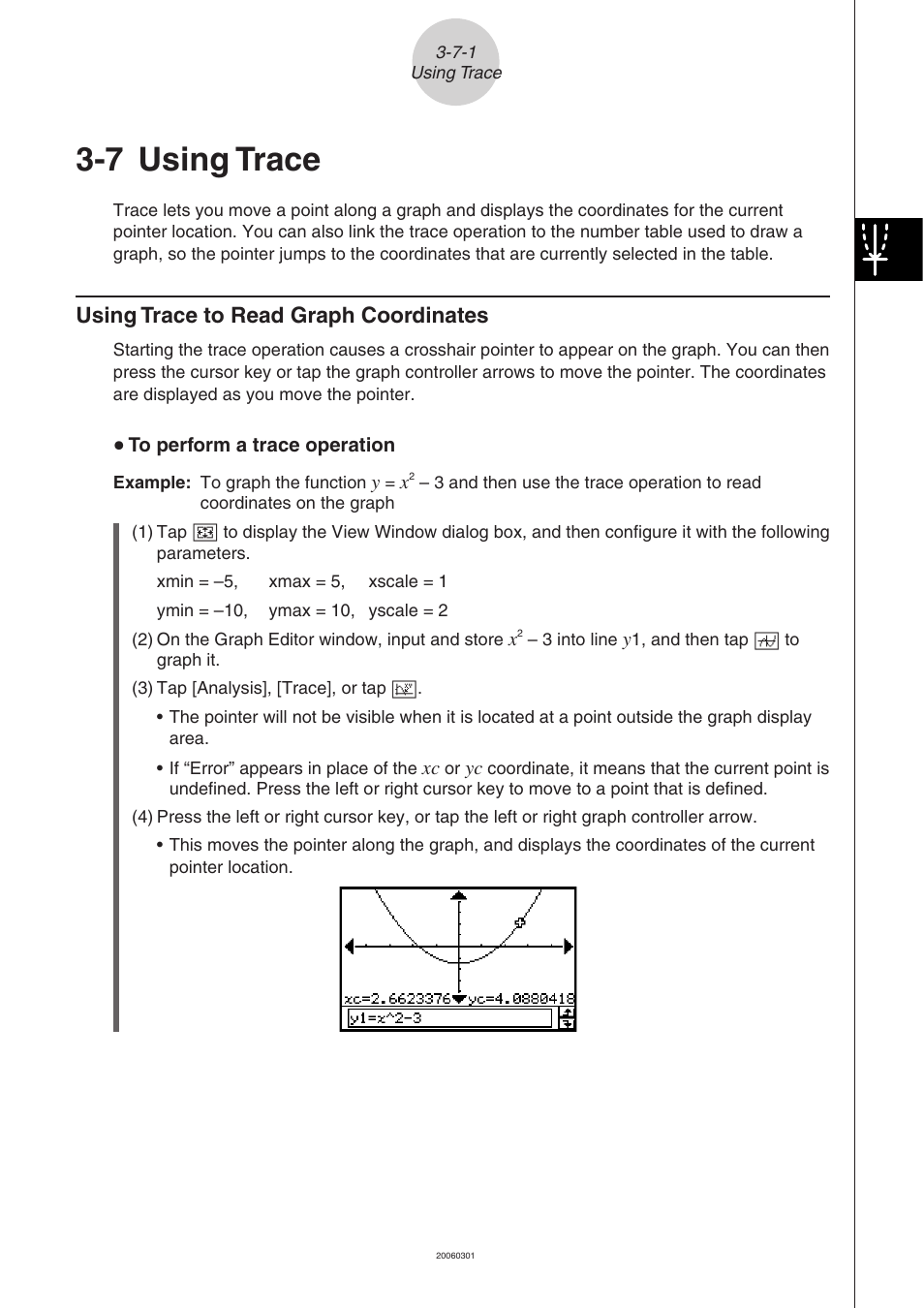 7 using trace, Using trace -7-1, Using trace to read graph coordinates -7-1 | Using trace to read graph coordinates | Casio CLASSPAD 330 3.04 User Manual | Page 308 / 954