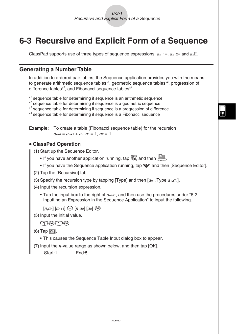 3 recursive and explicit form of a sequence, Recursive and explicit form of a sequence -3-1, Generating a number table -3-1 | Recursive and explicit form of a sequence, Generating a number table | Casio CLASSPAD 330 3.04 User Manual | Page 370 / 954