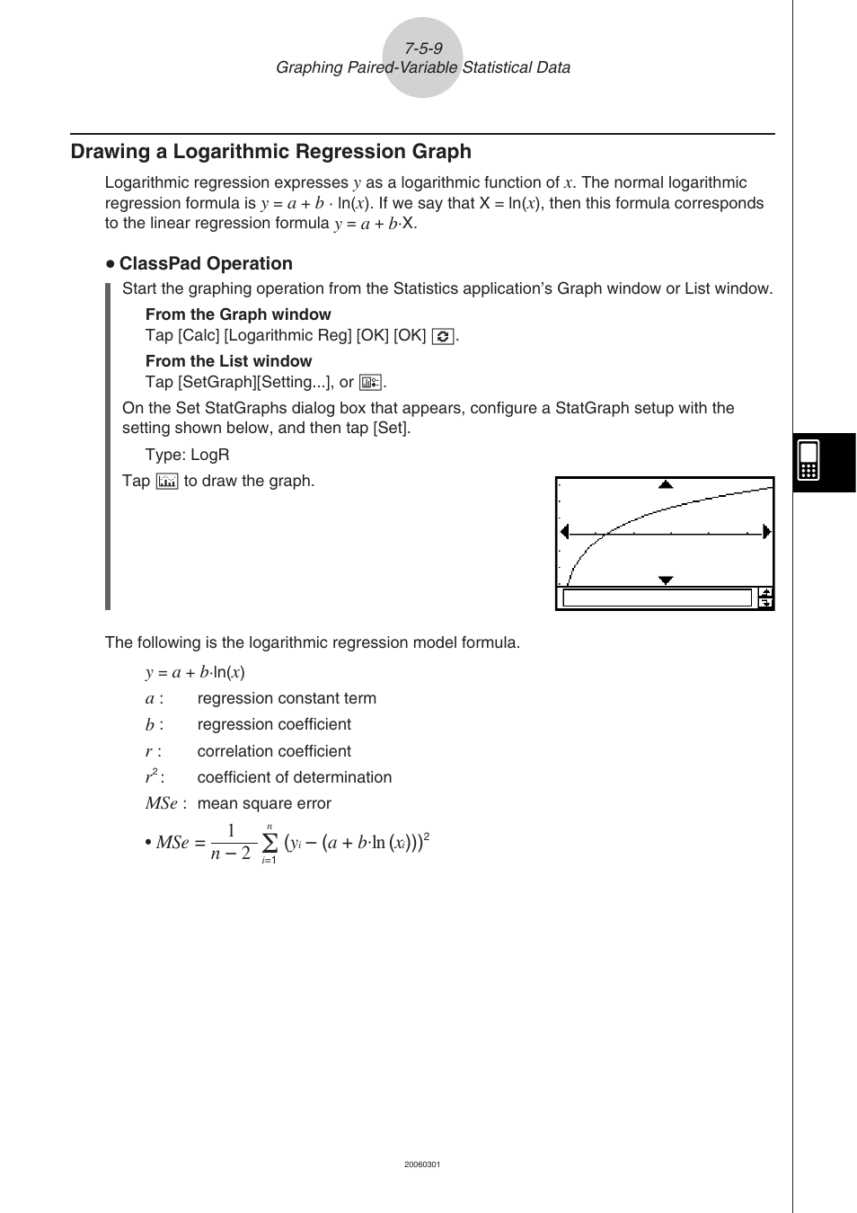 Drawing a logarithmic regression graph -5-9, Drawing a logarithmic regression graph | Casio CLASSPAD 330 3.04 User Manual | Page 408 / 954