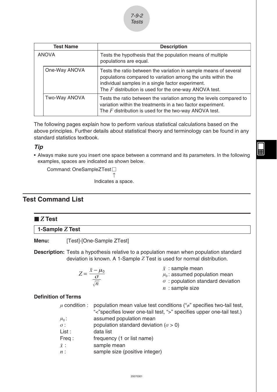 Test command list -9-2, Test command list | Casio CLASSPAD 330 3.04 User Manual | Page 425 / 954