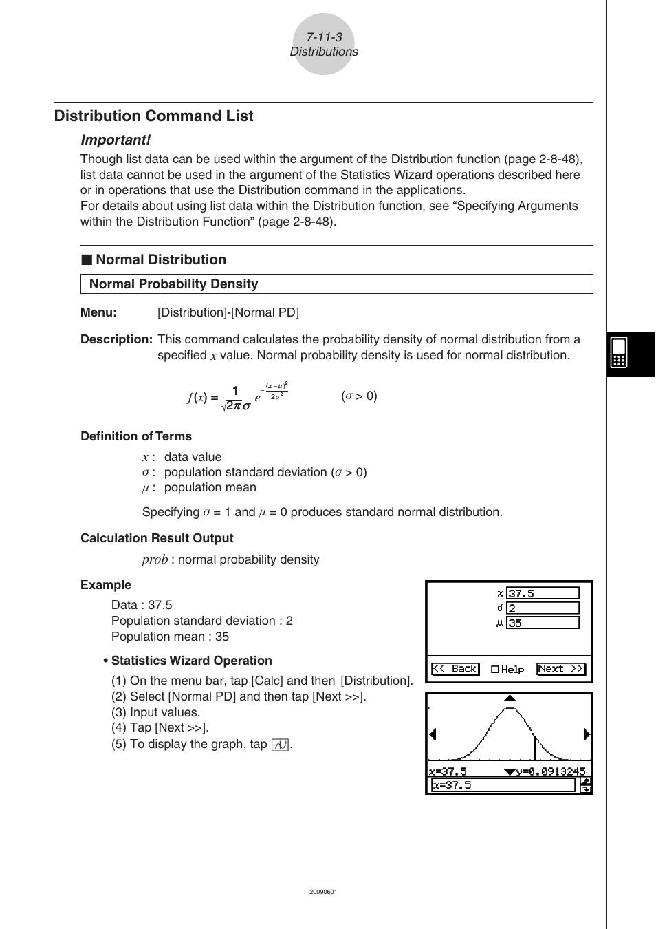 Distribution command list -11-3, Distribution command list, Important | I normal distribution, Prob, Normal probability density | Casio CLASSPAD 330 3.04 User Manual | Page 455 / 954