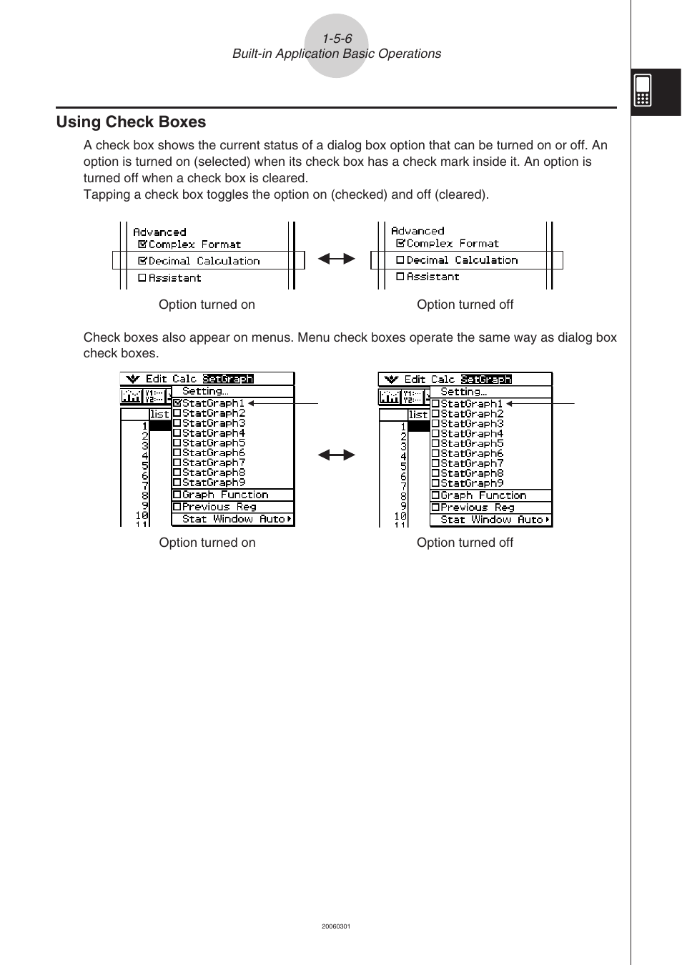 Using check boxes -5-6, Using check boxes | Casio CLASSPAD 330 3.04 User Manual | Page 46 / 954